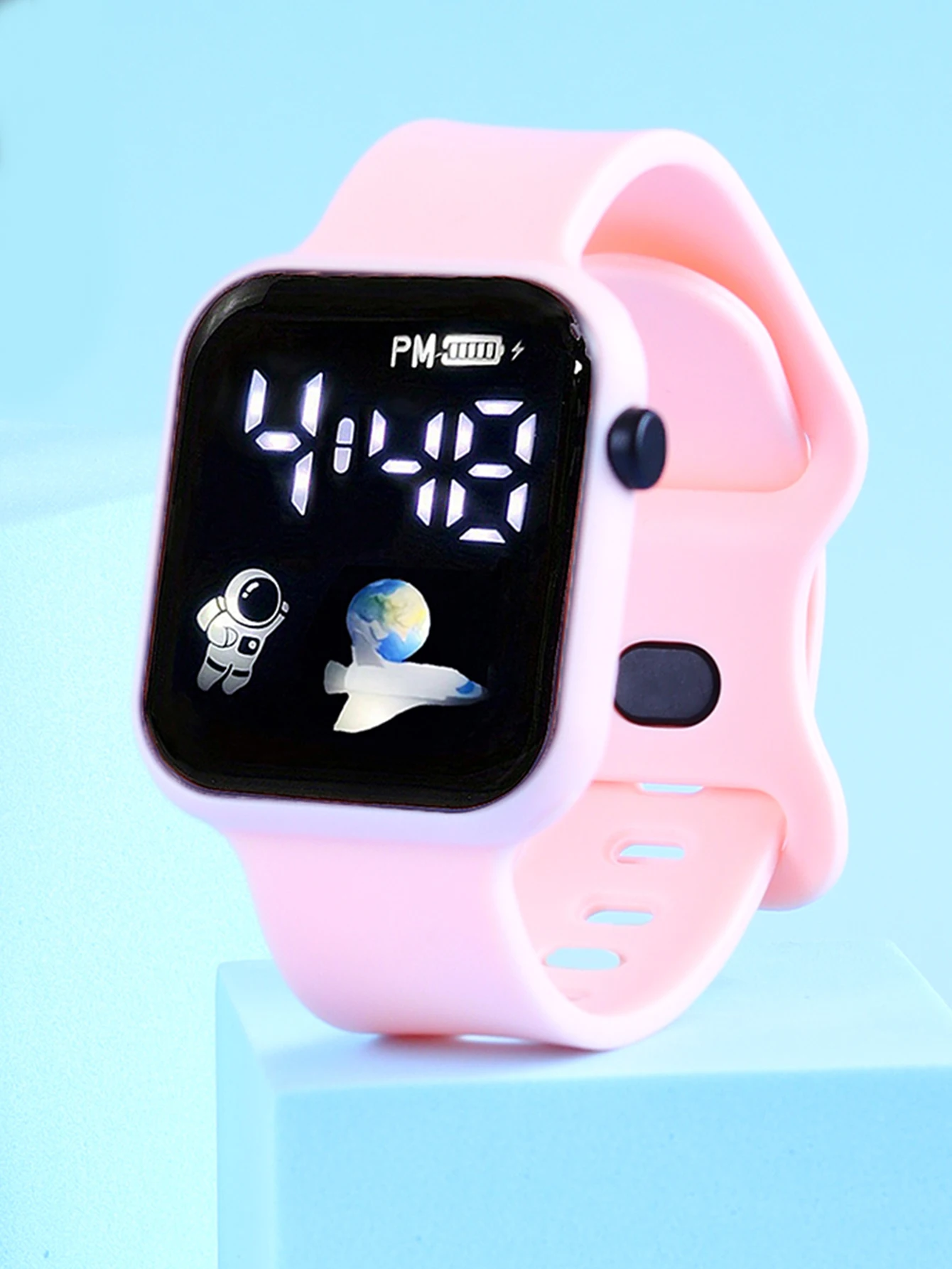 Sporty cute Astronaut rectangular silicone women\'s digital watch with pink diamond jewelry set as a back-to-school season gift