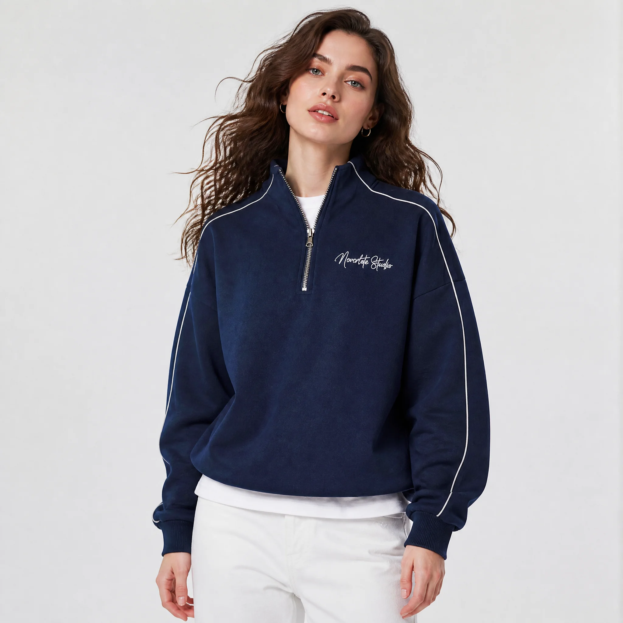 RU 2026 New Ladies Quarter Zip Collar Sweatshirt Contrast Striped Piping Embroidery Loose Drop Shoulder Pullover Daily Tops