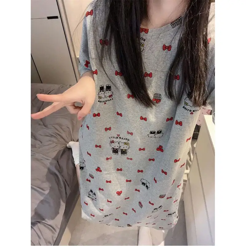 Kawaii Sanrio Hello Kitty Nightgown Anime Cartoon Short-Sleeved Long Skirt Pajamas Loose Comfortable Girls Home Wear