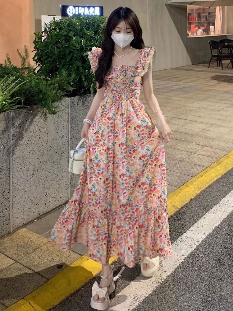 Floral Dress Women Vintage Aesthetic Flying Sleeve Bodycone A-line Harajuku Vacation Temper High Waist Vestidos Designer Leisure