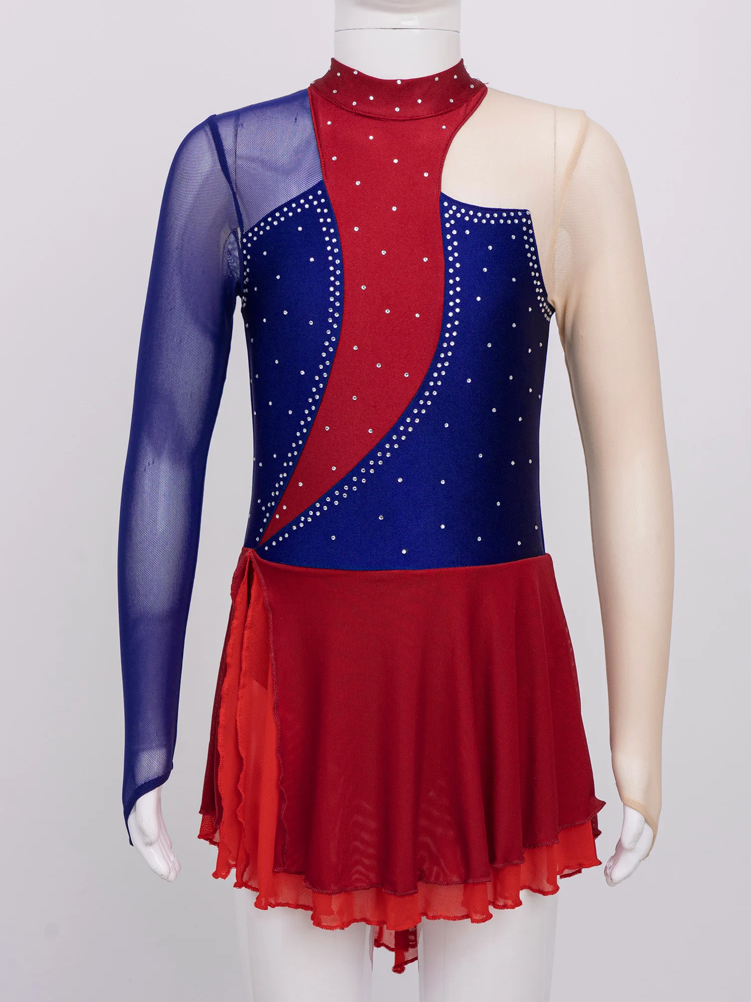 Kids Girls Rhinestone Figure Ice Skating Dress Gymnastics Leotard Ballet Ballroom Dance Competition Stage Performance Costume