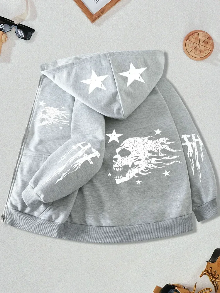 Pink Zip Up Hoodie Distressed Flame Skull Star And Letter Graphic Long Sleeve Loose Casual Kids Streetwear Hooded Jacket For Boy