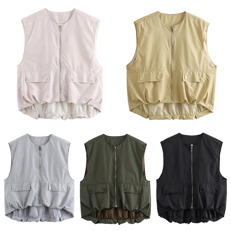 2024 New Women's Cropped Waistcoat Fashion O Neck Zipper Vest Women Sleeveless Loose Vests Coats Female Chic Pleat Tops