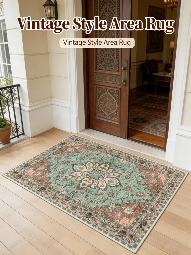 Vintage Persian Area Rug, Boho Floral Distressed Carpet for Living Room Bedroom, Non-Slip Washable Retro Floor Mat for Entryway