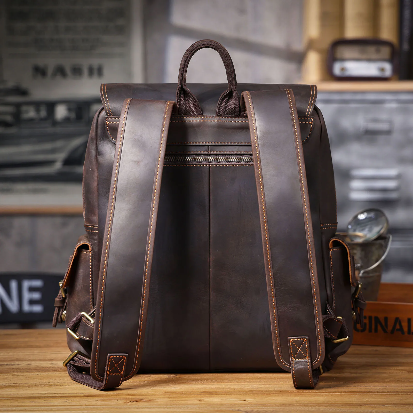 S.WORKER Vintage Echtleder-Rucksack 15" Laptop-Tasche Lässige Crazy-Horse-Leder-Schultasche Outdoor-Reise-Weekender-Tasche – Detail 9