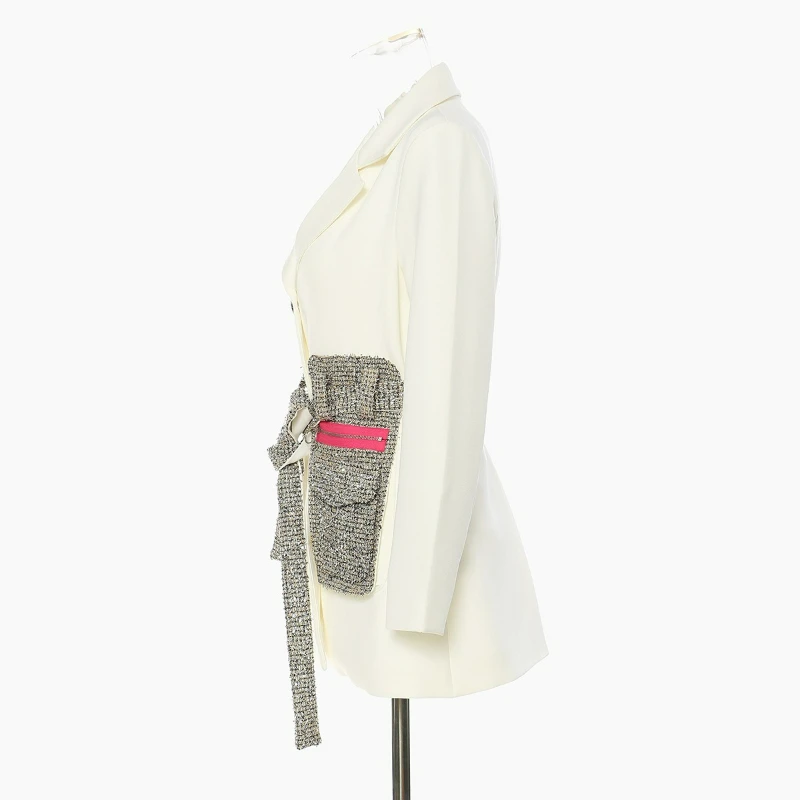 2026 Spring Autumn New Fashionable American Style Elegant Personalized Design Collar Splicing Medium Length Suit Coat for Women