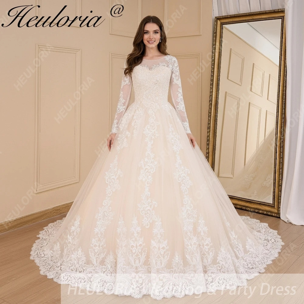 

HEULORIA бальное платье принцессы, свадебное платье с длинными рукавами, платье невесты с круглым вырезом, большие размеры, robe de mariee, кружевное свадебное платье с бисером