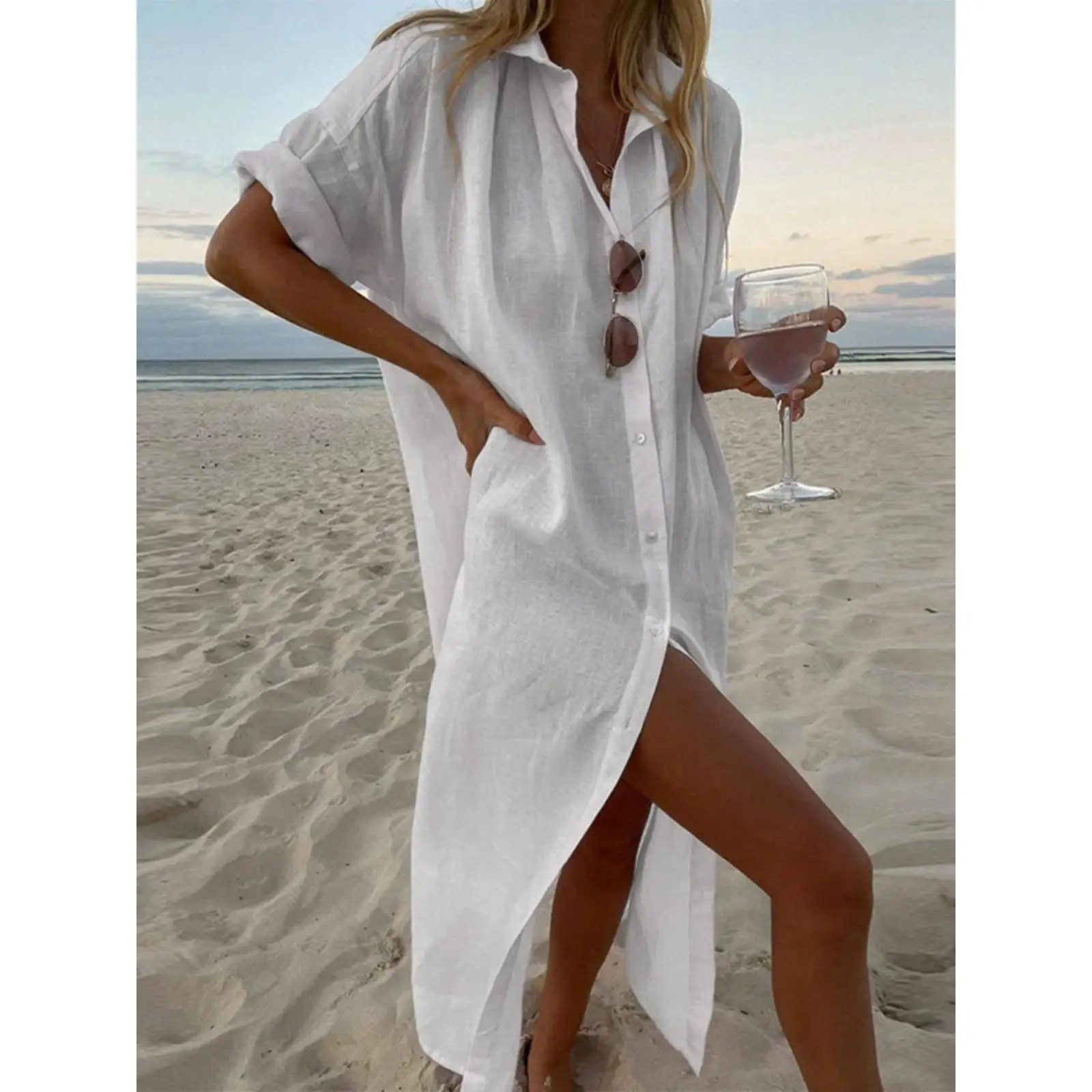 Dames Pure Color Casual Long Sve irt Dr Tee-kwartlengte Button-Up Skater Dr voor Ci Walks en winterkleding