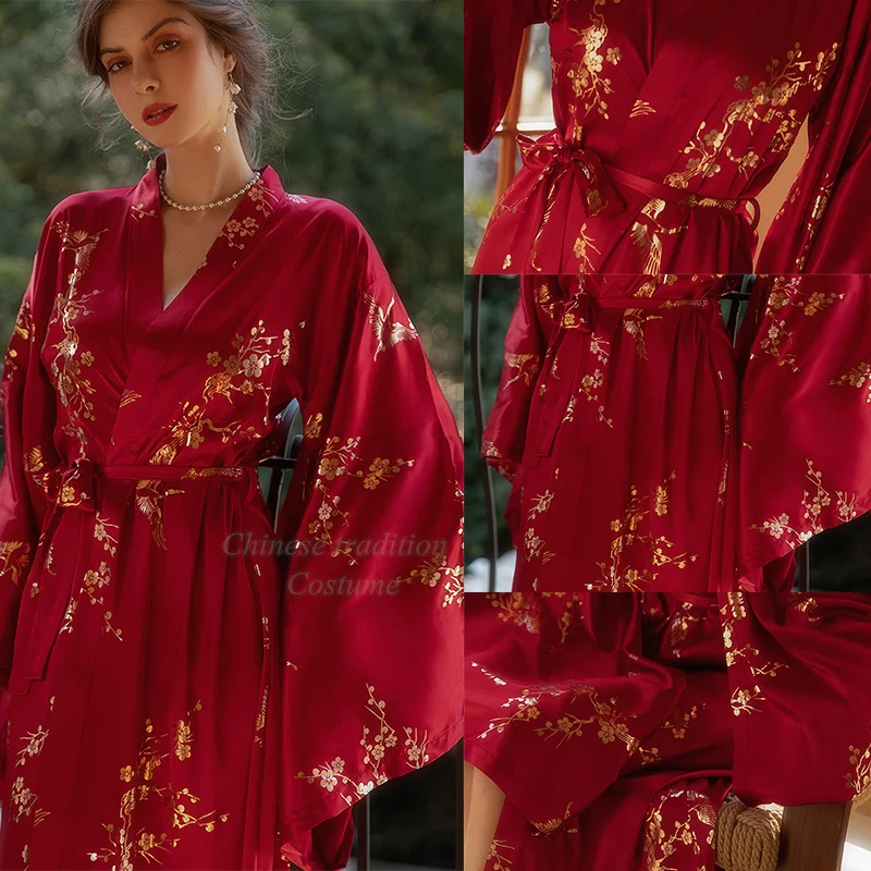 Luxury Burgundy Kimono Robe Women Wedding Bride Bathrobe Sexy Bronzing Flower Morning Dressing Gown Elegant Sleepwear Nightgown