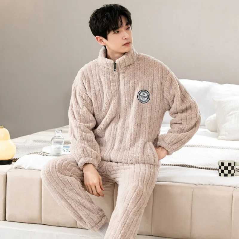 Pajamas Men Winter Fleece-lined Thicken Coral Fleece Thermal Nightclothes Male Flannel Large Size Stand Neck Homewear Suit 2024