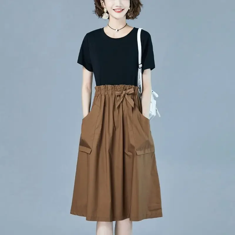 

O-Neck Pockets Shirring Bow Fake Two Pieces Midi Dress Women's Clothing 2024 Summer New Loose Commuter Casual Dresses A153