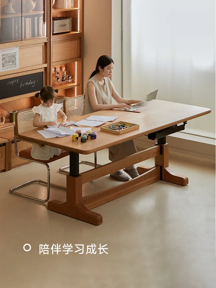 Electric lift dining table, large board table, cherry wood living room, long desk, workbench, solid wood, double person