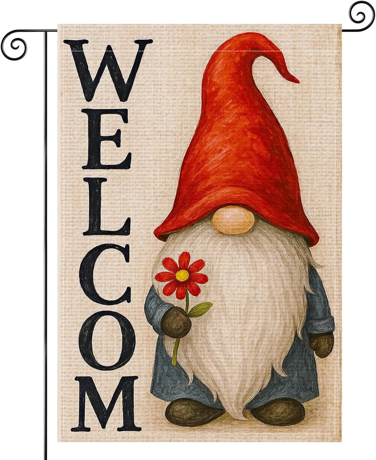 Welcome Garden Flag Double Sided 12x18 Inch Burlap Gnome Garden Flag Red Hat Holding Flower Rustic Style Seasonal Flags Chri EEZ