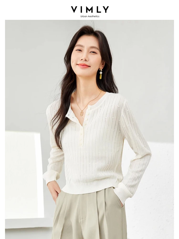 

Vimly O-neck Knitted Women's Long Sleeve Top for Woman High Strecth Soft Female Knitwear 2024 Spring Short Knit Pullovers 16571