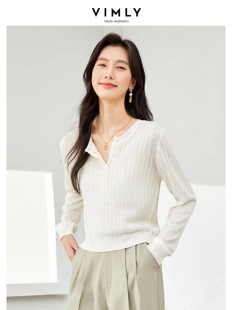 Vimly O-neck Knitted Women's Long Sleeve Top for Woman High Strecth Soft Female Knitwear 2024 Spring Short Knit Pullovers 16571