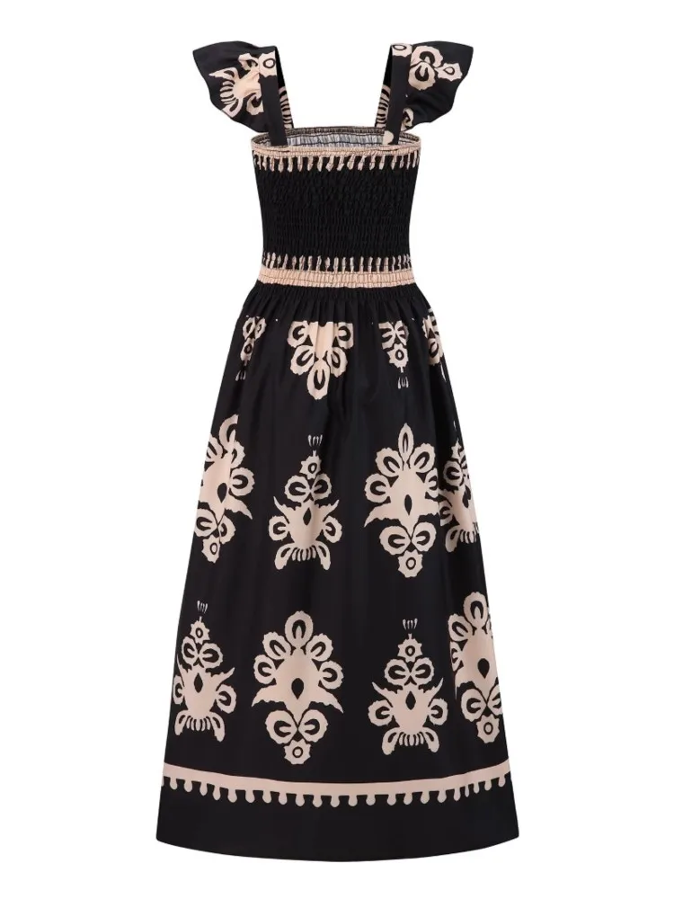 Abito con stampa Boho alla moda Lady Casual Sexy con cinturino per spaghetti Abiti larghi a vita alta per le donne Gonna da spiaggia per le vacanze Abbigliamento da donna