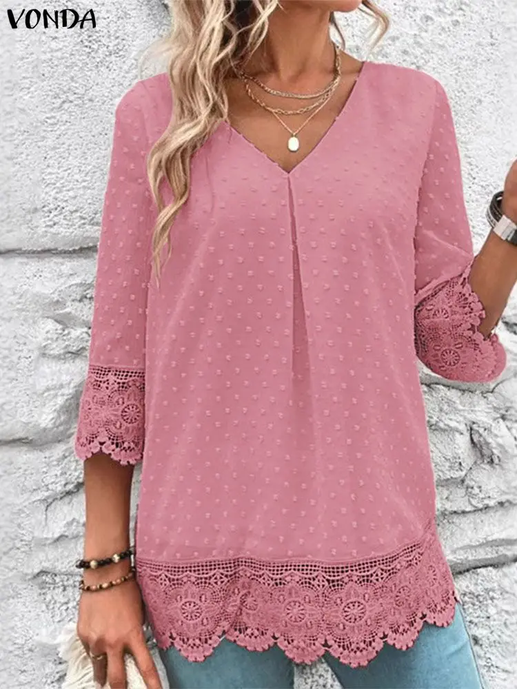 

Plus Size VONDA 2025 Autumn Lace Patchwork Blouse Women Elegant Tunic Fashion V Neck Pullover European and American Style Tops