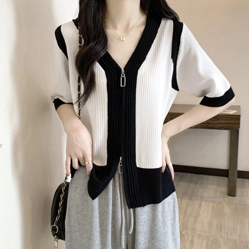 Summer New Korean Fashion Simple Patchwork Zipper Tees Ladies Short Sleeve Casual Cardigan Top Women Streetwear All-match T-shir