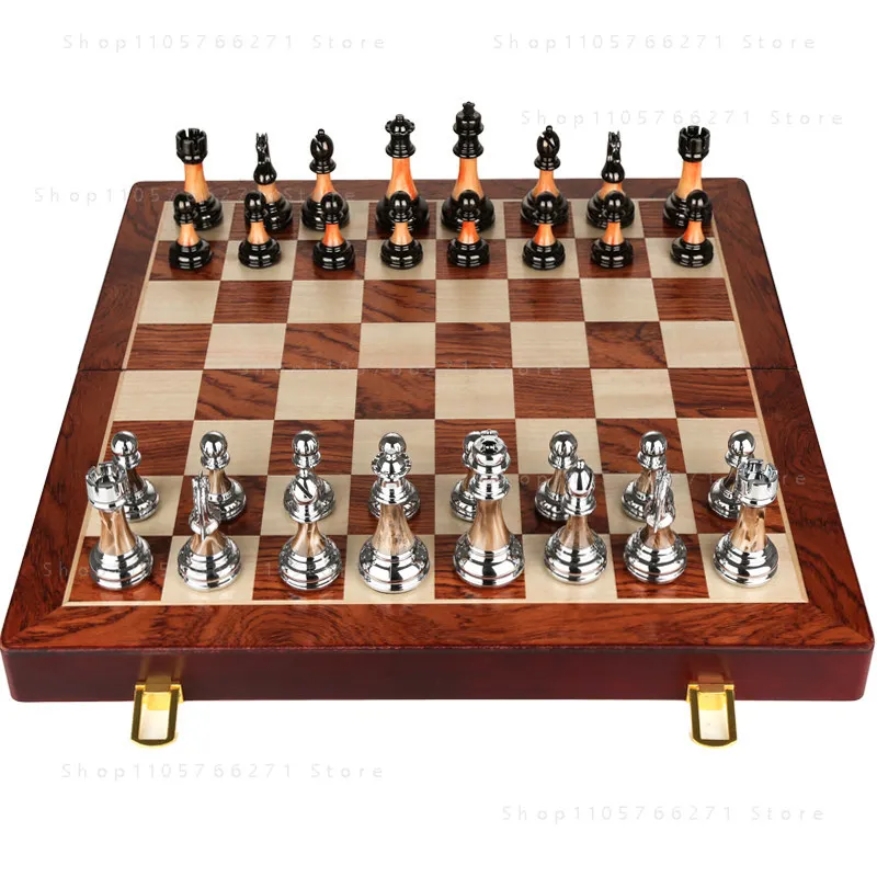 Luxury Metal Chess Figures Wooden Chess Set Professional Folding Family Classic Board Games Chess Home Ornaments Collection