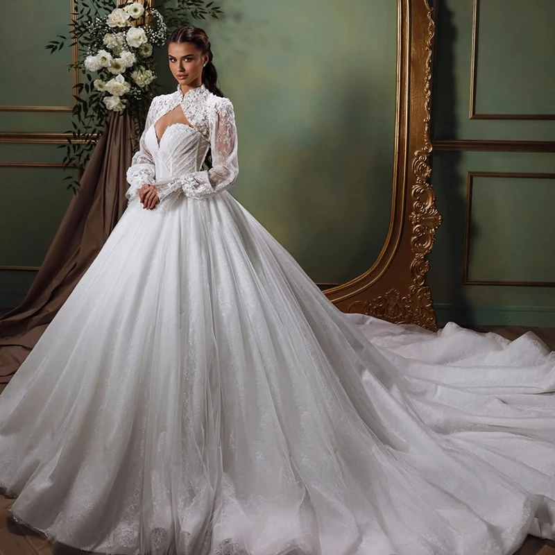 

High-Neck Wedding Dress Organza With Embroidery Princess Ball Gown Full Sleeve Customized Bridal Dress Button Vestido De Novia