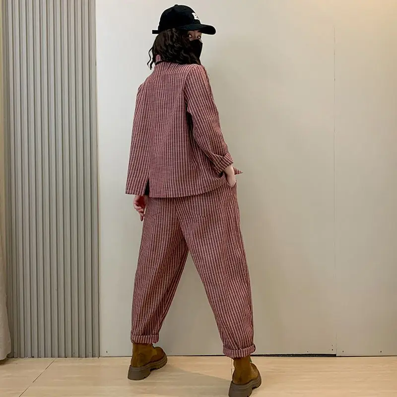 Set di pantaloni vintage Cappotti a righe a maniche lunghe e pantaloni Harem casual Set di due pezzi larghi in stile coreano Harajuku Abiti da donna
