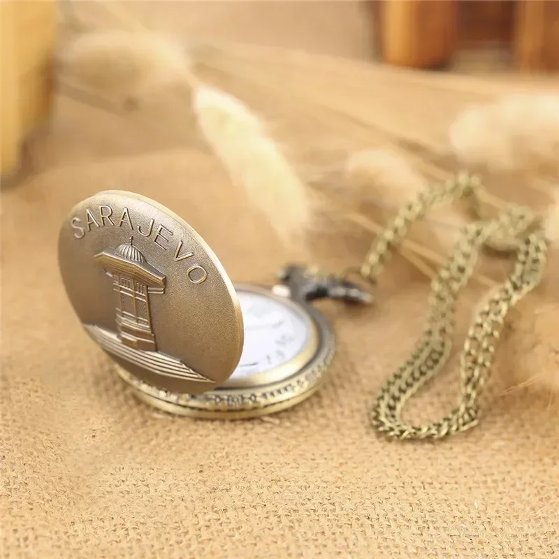 

Retro Sarajevo Fountain Design Full Hunter Унисекс Кварцевые Карманные Часы Ожерелье Брелок Подвеска Цепочка Художественные Коллекции Часы Подарок