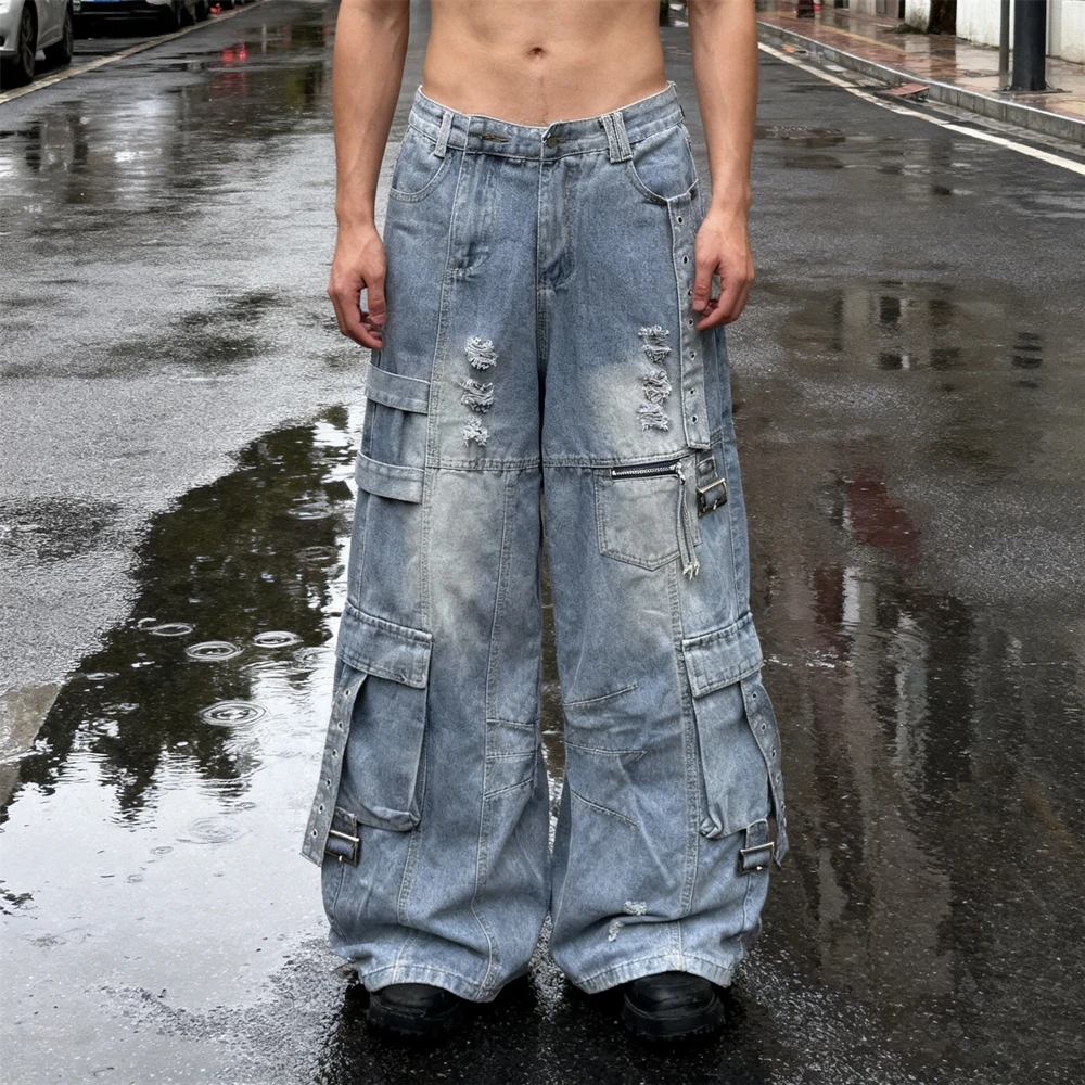 KUCLUT Fashion Niche Brand أفضل جودة بنطلون مستقيم فضفاض بسحاب ملابس الشارع الشهير جينز البضائع العتيق للرجال والنساء #4