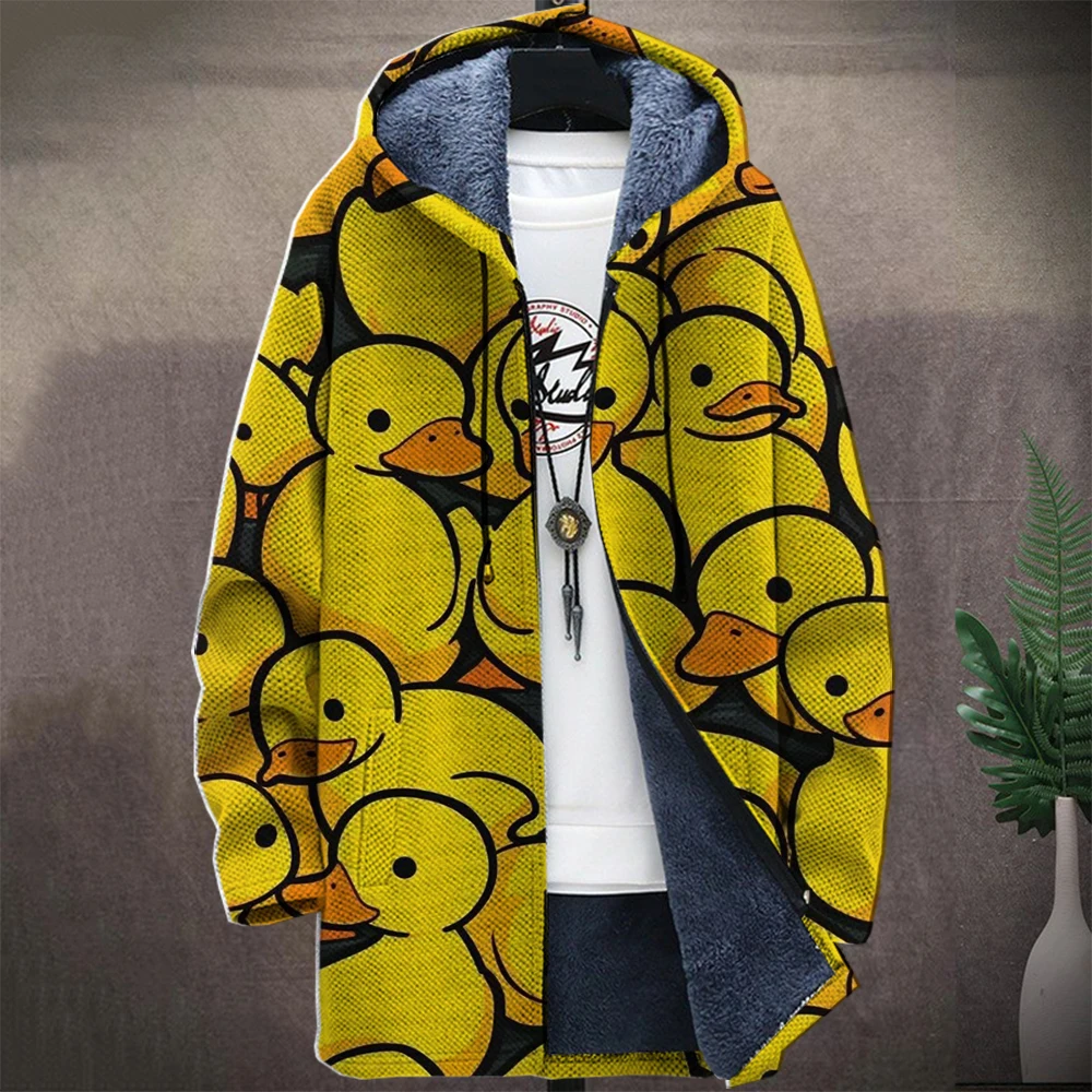 Men\'S Duck Graphic Winter Coat Print Psychedelic Pattern Knitted Sweater Cardigan Zipper Hooded With Thick Fleece For Youth