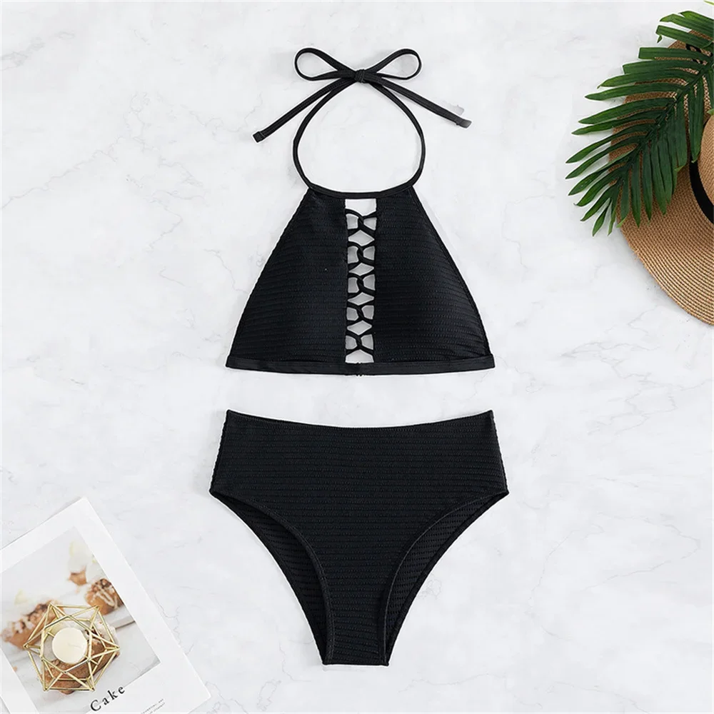 

Sexy Twist String Hollow Out Swimsuit Backless Black Y2K Bikini High Waist Rib Vacation Swimwear Women Bathing Suit Beach Outfit