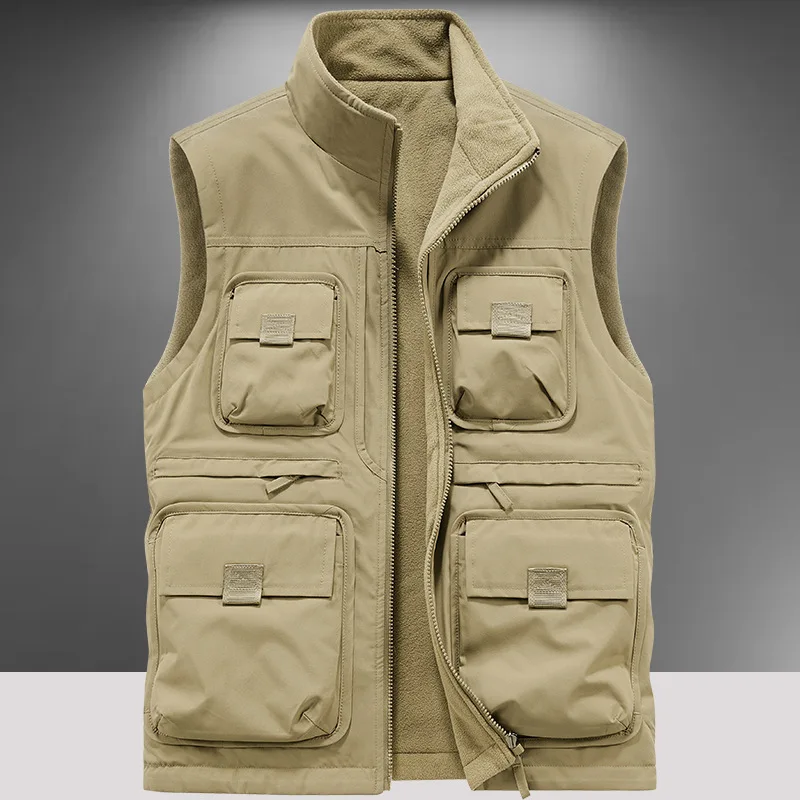 

Новинка 2025, мужской двусторонний флисовый жилет, зимняя куртка без рукавов, уличная теплая куртка с несколькими карманами, рабочий жилет, мужской жилет