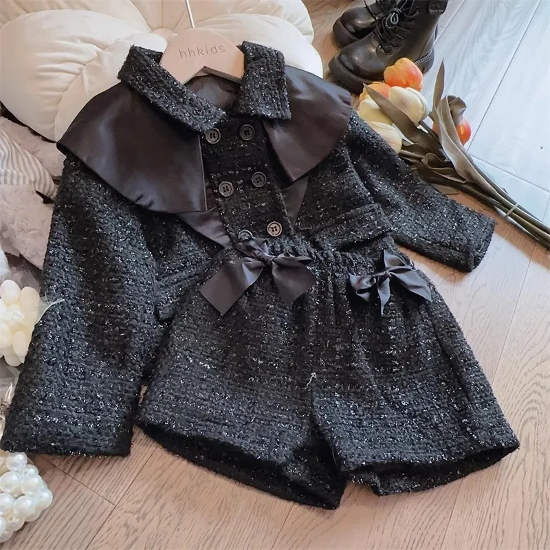 

Girls Clothes Sets Spring Autumn 2024 Children Woolen Coats Shorts Pants 2pcs Princess Party Suit For Baby Costume Kids Outfits