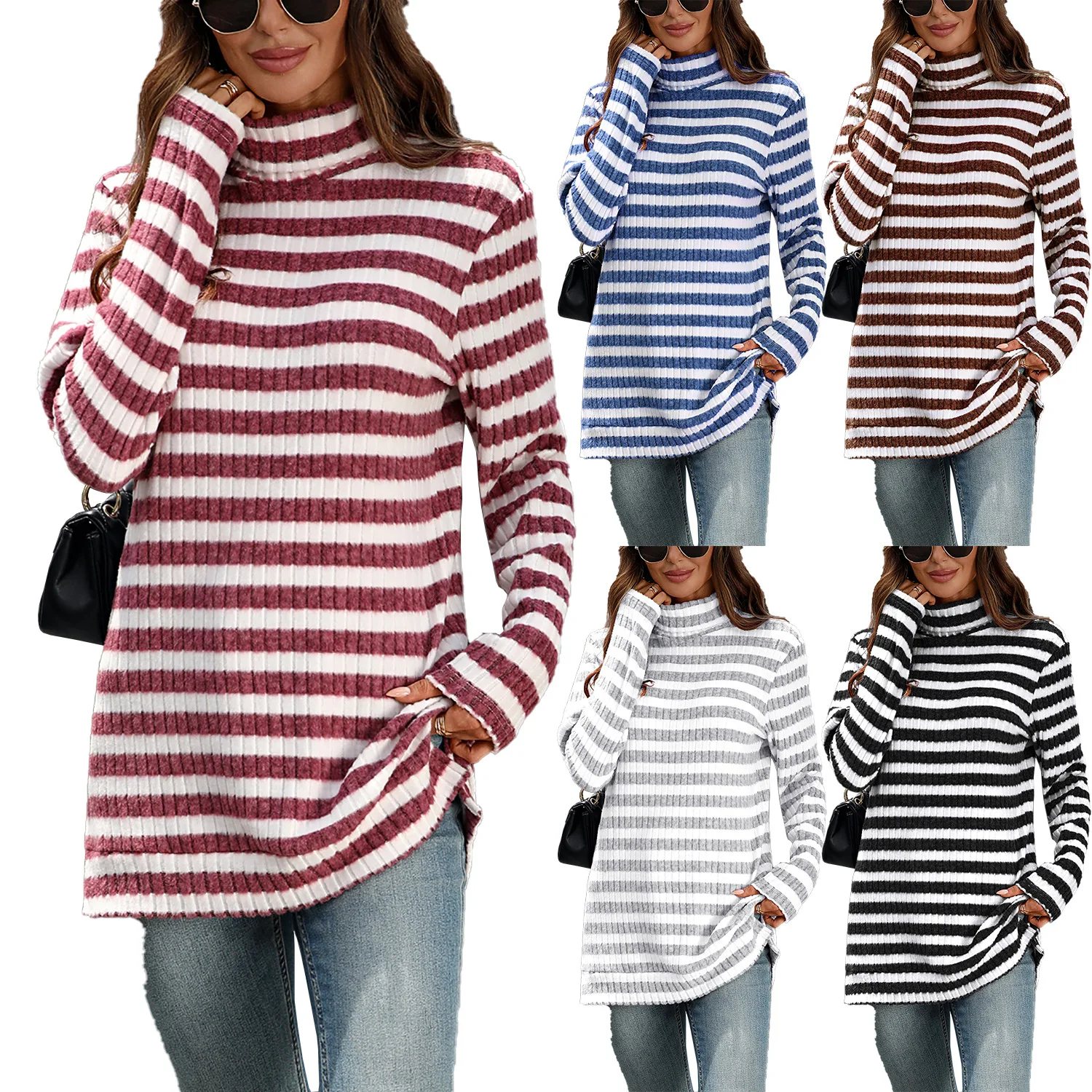 

Winter Pullover Sweater Women Knitted Tops Shirt Boho Strip Tops Long Sleeve Pull Female Solid Sweaters Pullovers