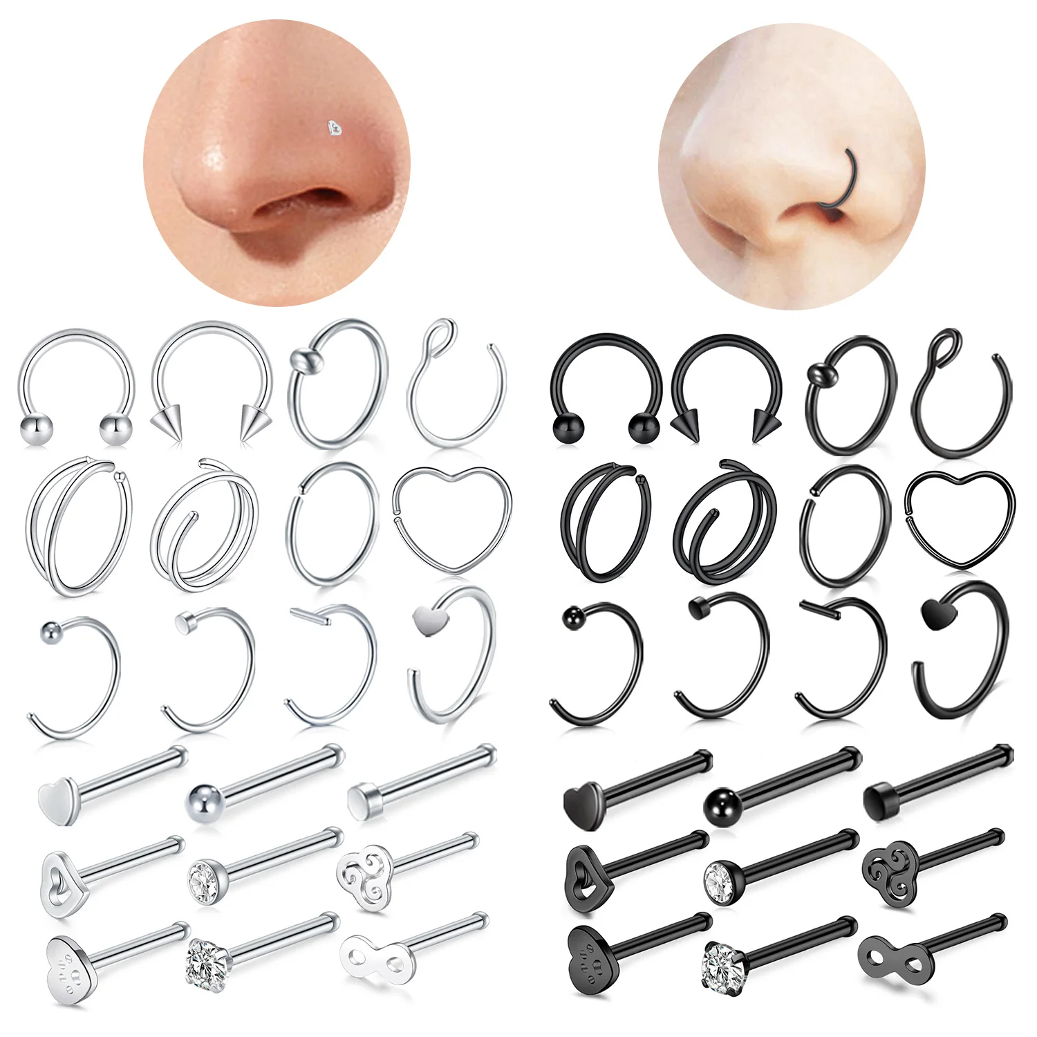 مجموعة حلقات أنف مكونة من 21 قطعة من طراز Punk Style للنساء والرجال - 304 من الفولاذ المقاوم للصدأ، لمسات زركونيا مكعبة، مثالية للارتداء اليومي والهدايا