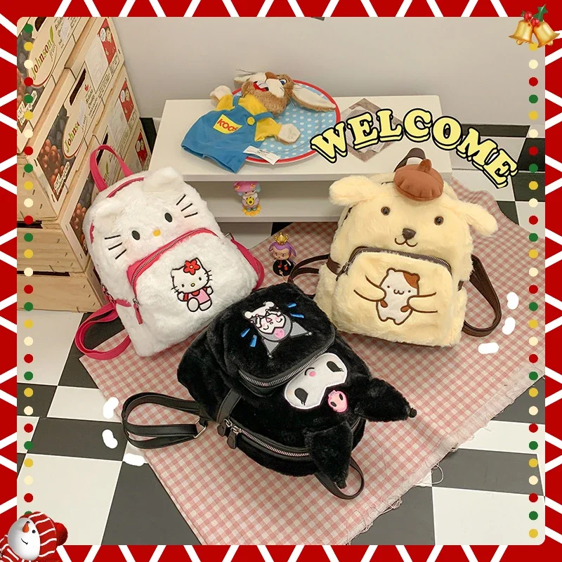 

New Sanrio Kuromi Cinnamon Dog Melody Cartoon Plush Cute Backpack Women Fashion Small Bags Japanese Style Students School Bag