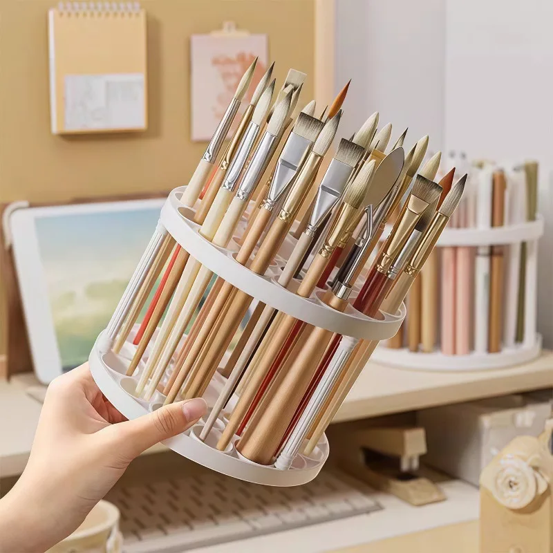 Sleek White Plastic 360° Rotating Brush Holder, Glazed Finish Space‑Saving Desktop Organizer for Art Brushes