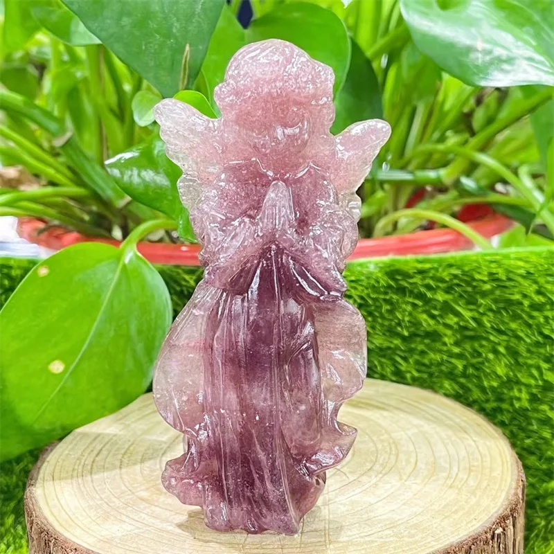 Natural Strawberry Quartz Angel Figurine Hand Carved Healing Stone Gemstone Reiki Home Decor Crystal Craft Gifts 1pcs