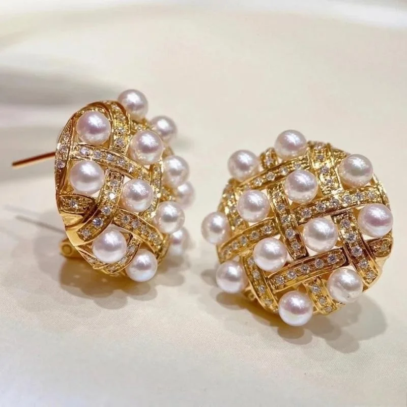 Women's Vintage Luxury Mesh Woven Design Imitation Pearl Stud Earrings Elegant Artistic Banquet Wedding Fine Jewelry Accessories
