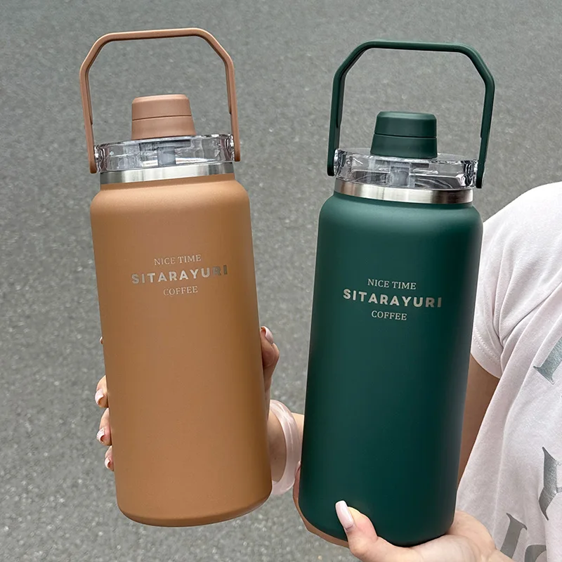 1pc stainless steel insulated cup, 1.2L/1.5L vacuum magnetic lid insulated cup with handle, portable sports water bottle