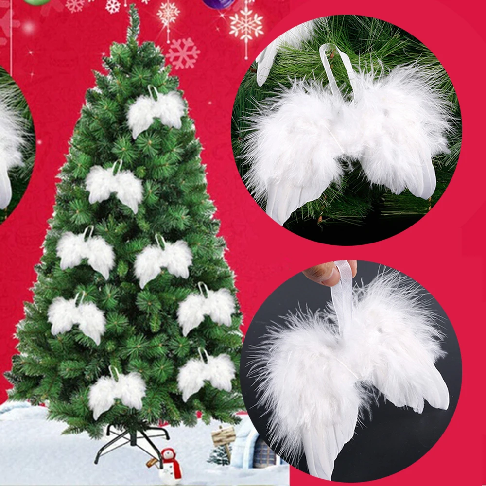 10Pcs Lovely White Home Decoration Party Christmas Tree Decor Angel Wings Hanging Ornament Feather Wing