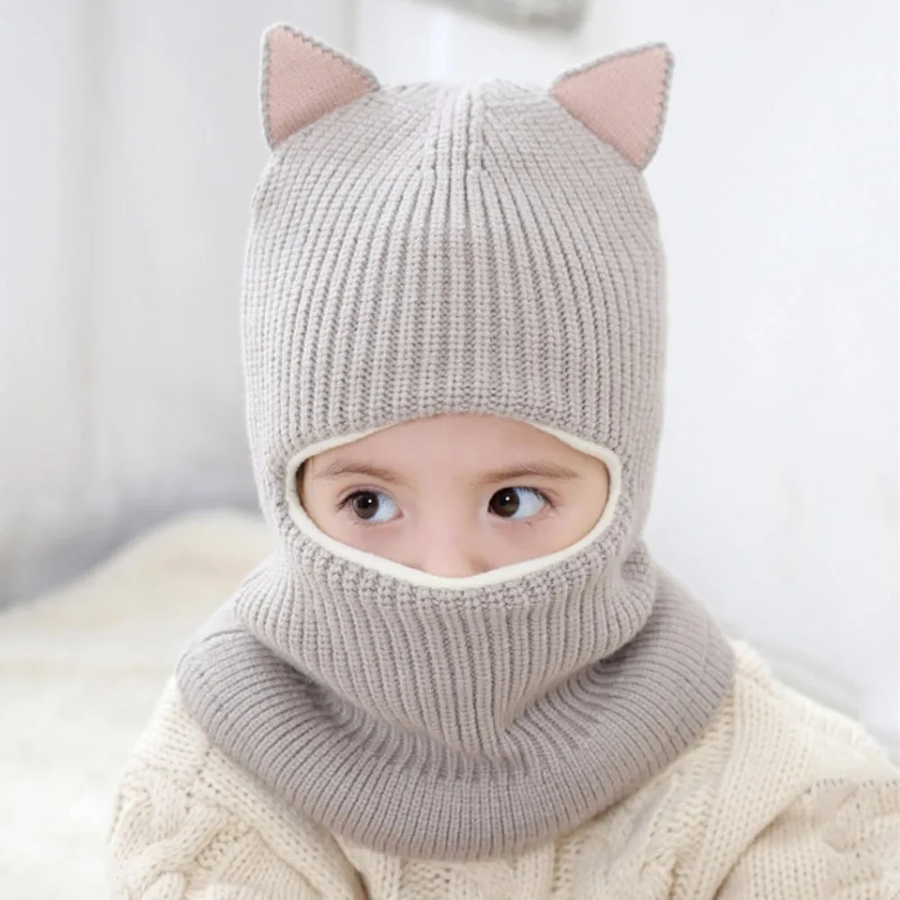 

Keep Warm Winter Balaclava Hats Thickened Solid Color Knitted Baby Hats Comfortable Soft Fabric Cute Cat Ears Hats Kids Wear