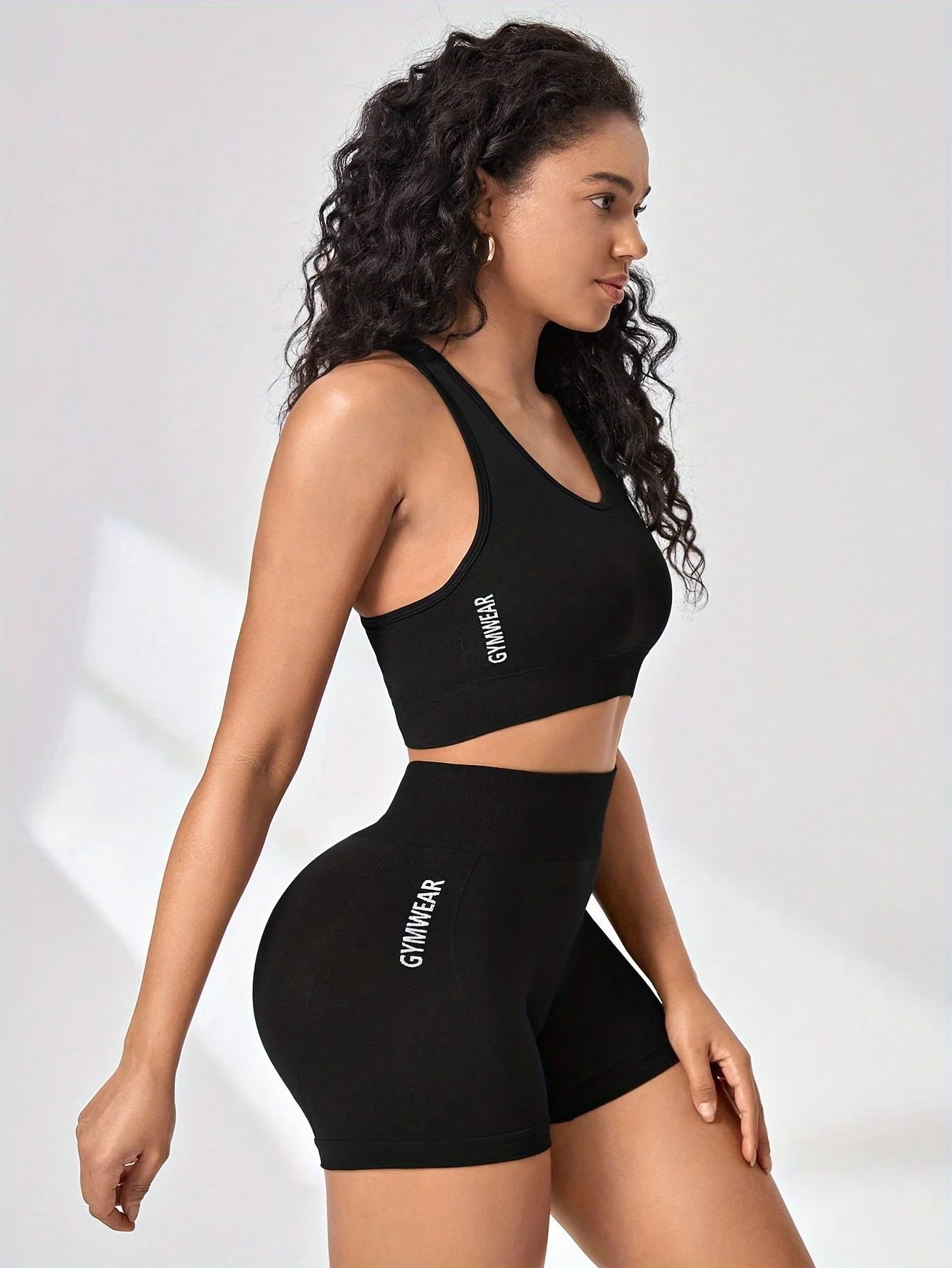 Women Letter Print Seamless Yoga Set Racerback Sports Bra High Waist Biker Shorts 2 Piece Gym Workout Fitness Sport Outfit