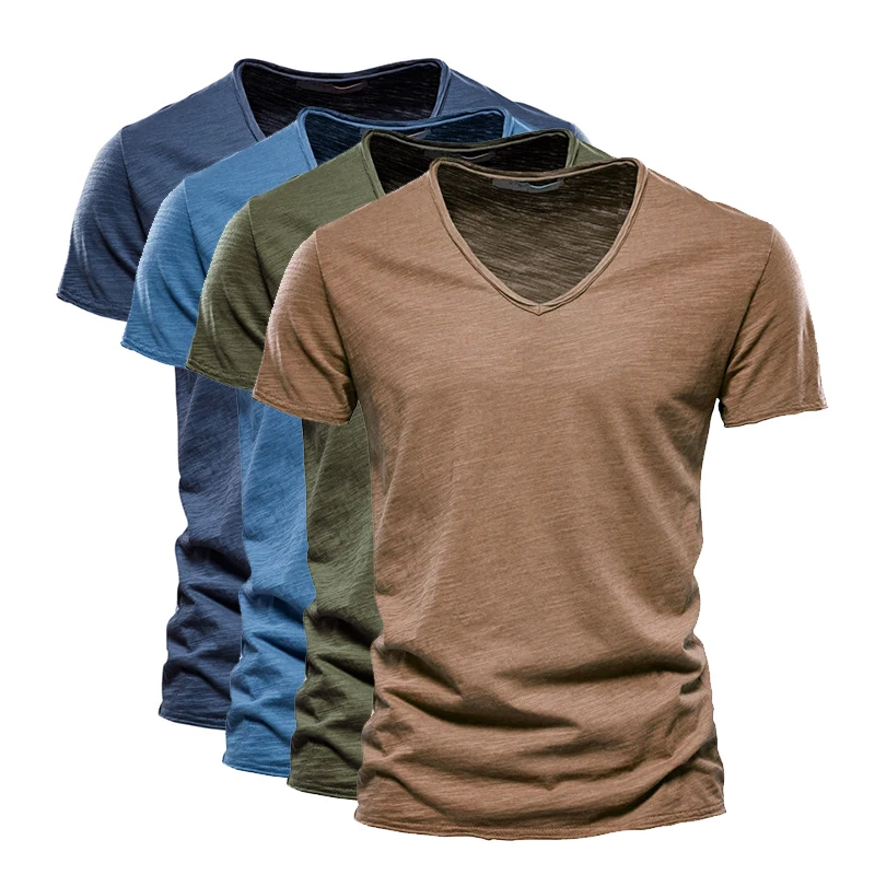 10 Colors 100% Cotton Men T-shirt V-neck Fashion Design Slim Fit Soild T-shirts Male Tops Tees Short Sleeve T Shirt For Men