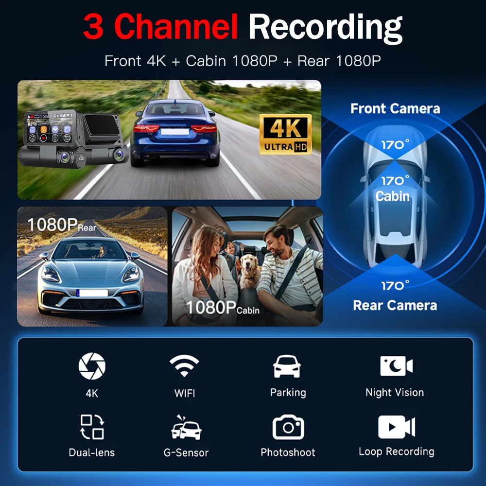 4k Dashcam with Wifi Gps ADAS Car Dvr 3 Camera 4k Dash Cam 3 Lens Front and Rear Inside 3 Channel Dash DVR Camera Recorder