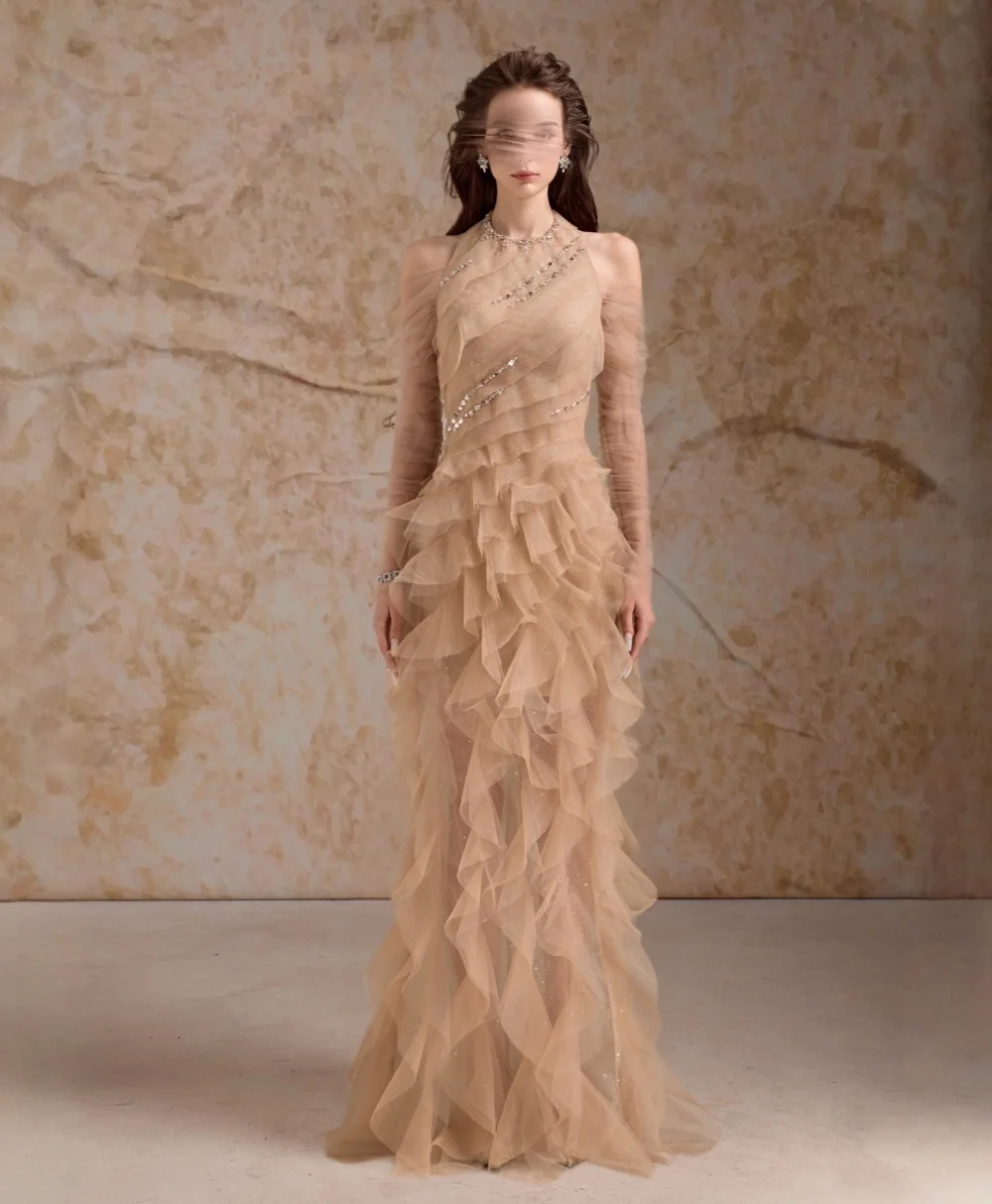

Customized Net Sequined Ruffle Halter Mermaid Long Dresses Bespoke Occasion Evening Party Gown Gorgeous High Quality Formal