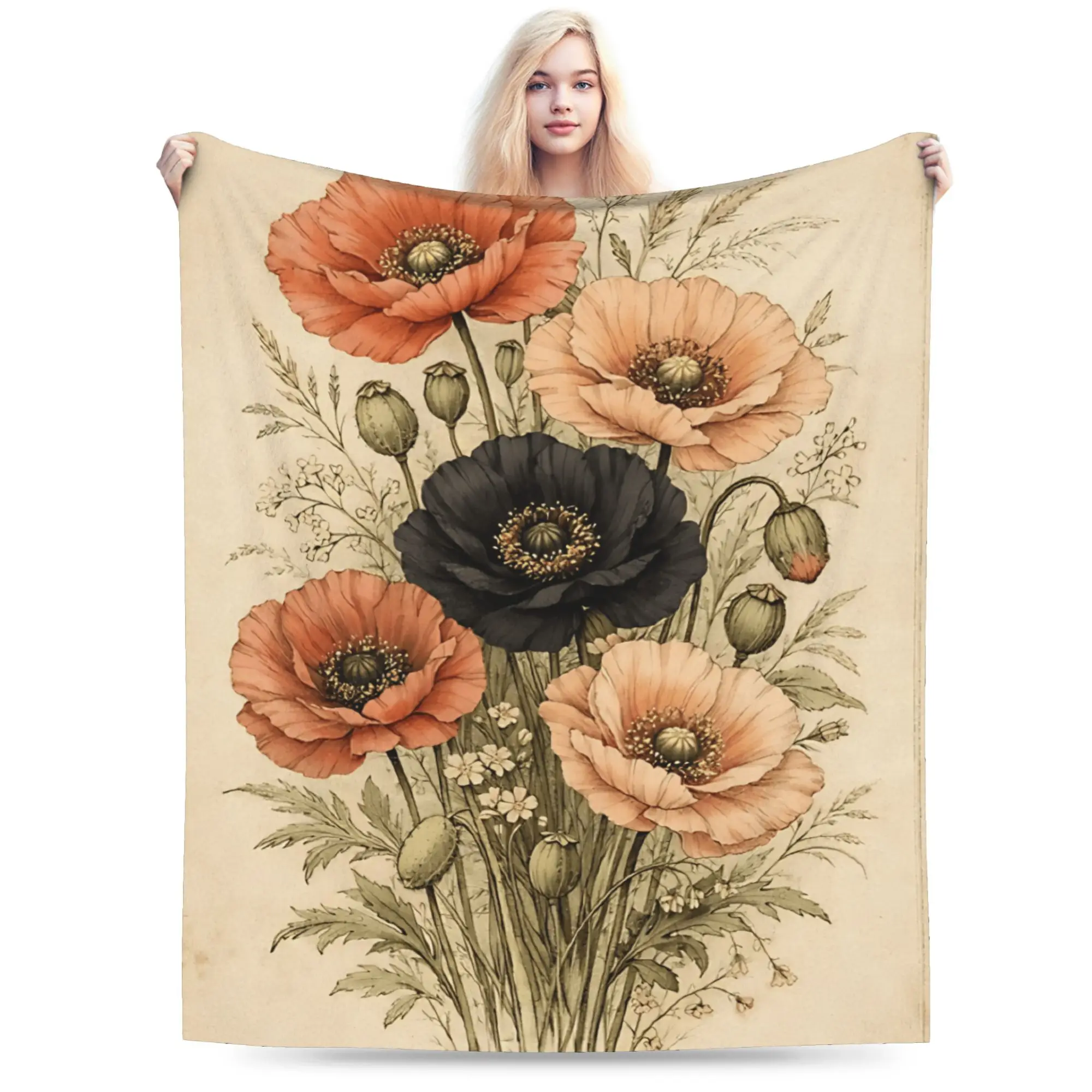 Vintage Poppy  Warm Soft Blankets  Students Plush Throw Blanket Print Home Decor Flannel Bedspread Sofa Bed Cover