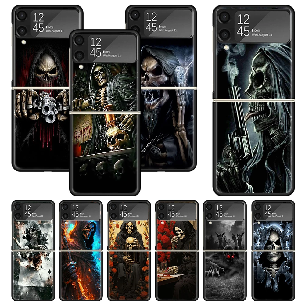 Reaper Skull Skeleton Gun Print Case For Samsung Galaxy Z Flip 3 4 5 5G Black Hard Cell Phone Shell ZFlip3 Flip4 Flip5 Pattern C