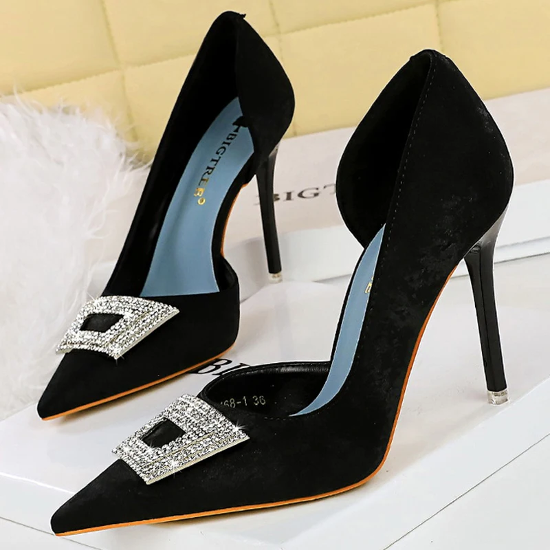 Zapatos BIGTREE, zapatos de tacón de lujo para mujer, tacones altos con diamantes de imitación de 10,5 CM, satén de seda de aguja, tacones femeninos, zapatos de fiesta sexis, zapatos de tacón para mujer