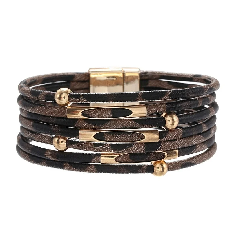Unisex Retro Leopard Print Leather Bracelet Multi-Layer Metal Tube Charm Fashion Accessory Sexy Charm Jewelry for 2025
