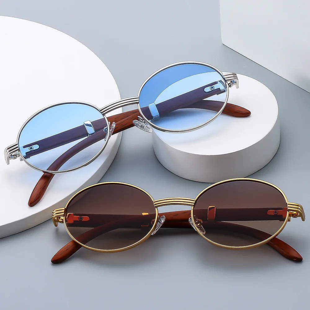 

New Retro Imitation Wood Grain Sunglasses Men's Oval Sunglasses Women's Fashion Trend Uv Protection Sunglasses