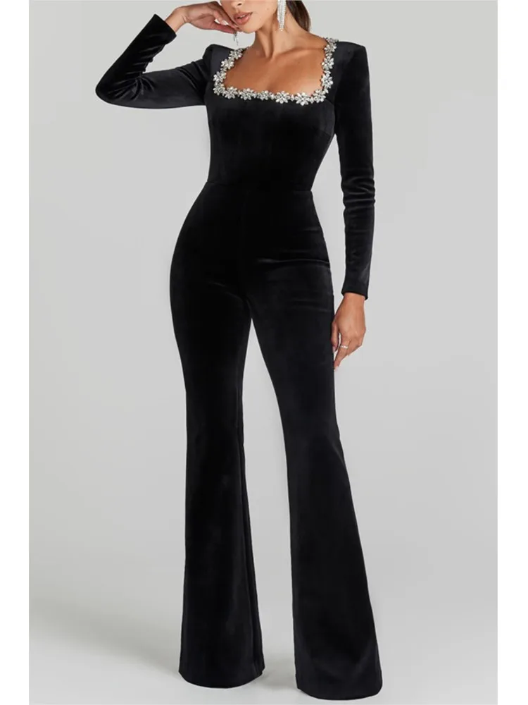 New Diamond-inlaid Velvet Square Collar Long-sleeved Slim Flared Jumpsuit Trousers Women's Autumn Intellectual Style Jumpsuit